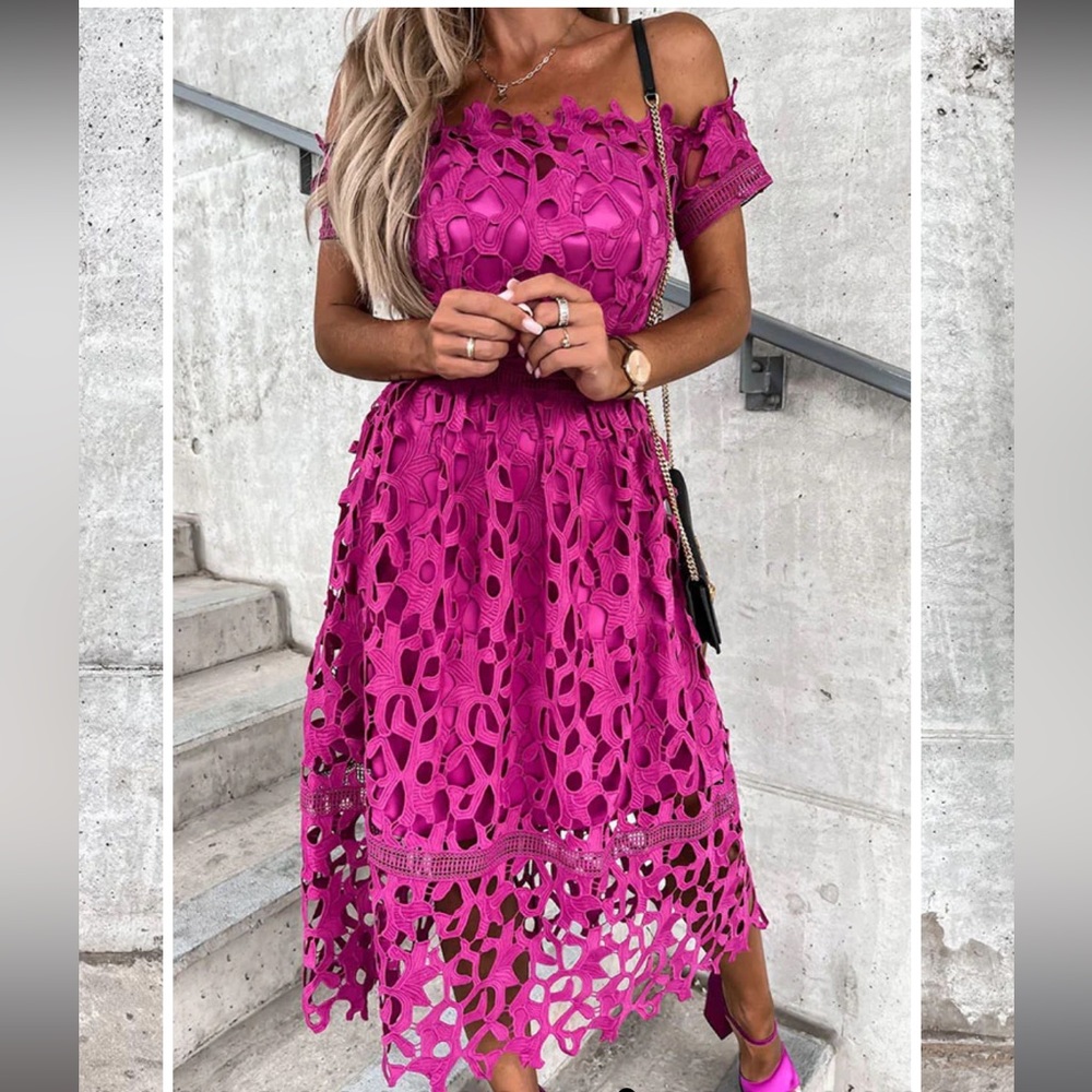 Hot Pink Eyelet Midi Dress
